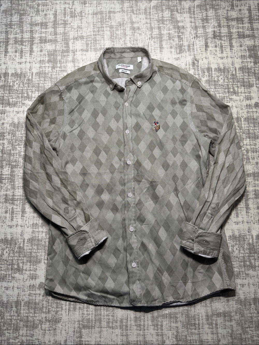US POLO ASSN Button-Down Shirt Olive Diamond Pattern Slim Fit sz L 28X 20.5PTP